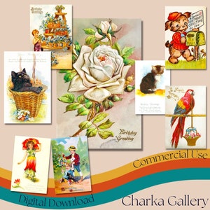 Vintage Geburtstags Postkarten Bundle-4, Digitale Grußkarten Collage Sheet, Junk Journal Karten, Vintage Ephemera, Kommerzielle Nutzung