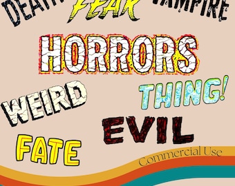 70 Vintage Horror Comic Words • Transparent PNG & Printable Sheets • Scary Speech Bubbles • Retro Halloween Clipart • Junk Journal Labels