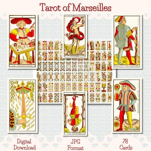 Afdrukbaar tarotkaartspel "Tarot of Marseilles", complete set tarotkaarten voor Italië, vintage Franse tarotkaarten, commercieel gebruik