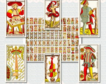 Baraja de Tarot de Marsella imprimible, juego completo de Tarot de los palos italianos, cartas de Tarot francés vintage, uso comercial