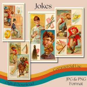 Vintage 'Jokes' Trade Card Series, druckbare illustrierte Werbekarten, digitale Sammelkarten, JPG- und PNG-Formate, kommerzielle Nutzung