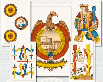 Antique French Aluette Playing Cards 1875 • Spanish-Suited Paris Deck • 48 Large Printable Art Prints • Brittany Folklore Ephemera