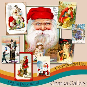 Vintage Christmas Postcards Bundle-9, Digital Santa Claus Images Collage Sheets, Xmas Ephemera, Greeting Cards, ATC Cards, Commercial Use