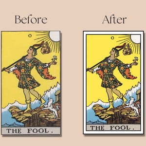 May include: The Fool tarot card features a yellow background with a man in a green and brown patterned outfit walking towards a cliff. He is holding a staff and a white flower. The sun is shining above him. The card reads "THE FOOL."
