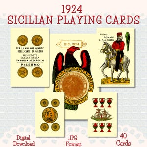 May include: A collection of 1924 Sicilian playing cards featuring vintage illustrations. The cards display a central eagle emblem, a figure on horseback labeled G. Garibaldi, and various coin and vessel motifs with Italian text including Palermo.