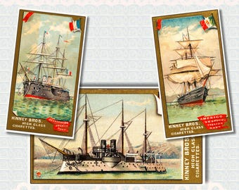 Antique Warship Cigarette Cards 1889 • Naval Vessels of the World Complete Set of 25 • Vintage Ironclad Ship Ephemera •Military History Gift
