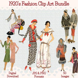 Jaren 1920 Très Parisien Fashion Clip Art Bundle-3, Art Deco Mode-illustraties, Transparante PNG, Vintage Franse Mode, Commercieel gebruik