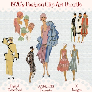 Très Parisien Fashion Clip Art Bundle-2, Art Deco Women’s Clothing Illustrations, Vintage Dress Sketches, Transparent PNG, Commercial Use