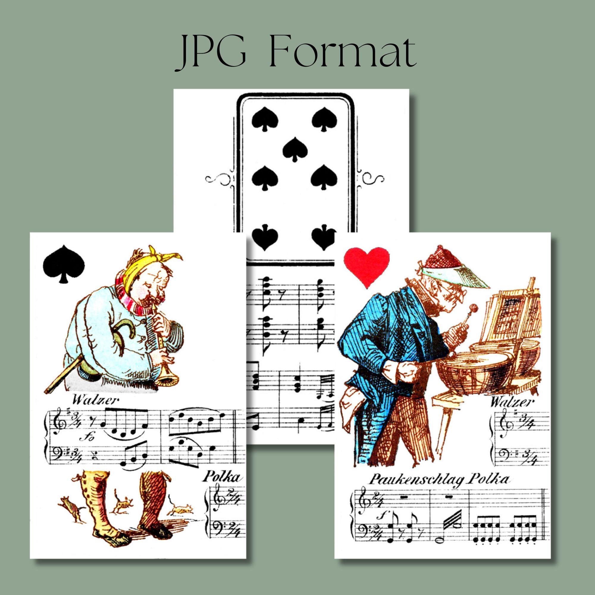 Antique German Musical Playing Cards, Vintage Illustration