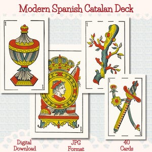 Puede incluir: Un mazo de 40 cartas de juego con un diseño vintage. Las cartas presentan ilustraciones de un jarrón, una rama de árbol, un escudo con un perfil y una espada. El texto "Modern Spanish Catalan Deck" está en la parte superior.