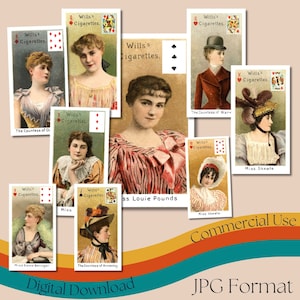 Vintage 'Schauspielerinnen' Spielkarten Full Deck, druckbare Illustrationen von Schauspielerinnen des 19.Jahrhunderts, Spielkarten für Sammler, kommerzielle Nutzung