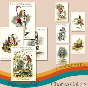 Cartas de jogar Alice no País das Maravilhas para impressão, baralho completo, página de colagem de coisas efêmeras vintage, diário de lixo, álbum de recortes, cartas ATC, uso comercial imagem 1