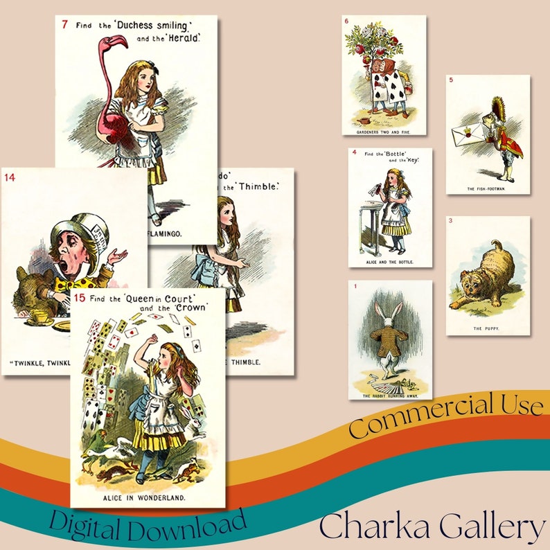 Cartas de jogar Alice no País das Maravilhas para impressão, baralho completo, página de colagem de coisas efêmeras vintage, diário de lixo, álbum de recortes, cartas ATC, uso comercial imagem 1
