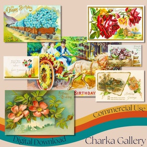 Pacote de cartão postal de aniversário vintage digital-2, folhas de colagem de cartões imprimíveis, cartões de lixo, álbum de recortes, uso comercial