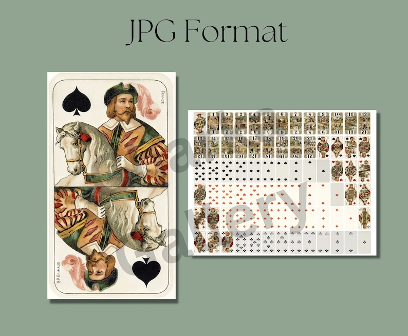 May include: A vintage playing card featuring the Jack of Spades. The card depicts a man on horseback in a colorful, ornate costume. The card is in French style and has the text "France" in the upper right corner.