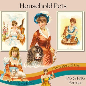 Household Pets Series Trade Cards, druckbare Vintage illustrierte Karten, JPG & PNG-Formate, Vintage Ephemera, kommerzielle Nutzung