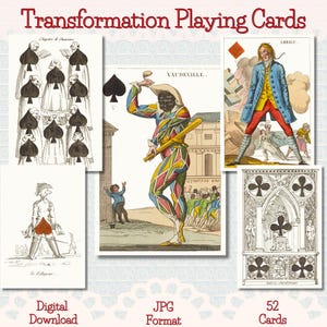 Peut inclure: Un jeu de cartes à jouer de transformation de style vintage. Les cartes présentent des illustrations colorées de personnages en costumes et de scènes. Le texte "Transformation Playing Cards", "Téléchargement numérique", "Format JPG" et "52 cartes" est visible.