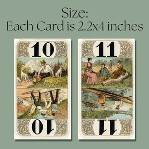May include: Two vintage playing cards, each with a different illustration and number. The first card is number 10 and features a man with a dog in a mountainous landscape. The second card is number 11 and features a group of people picnicking by a river. Each card measures 2.2x4 inches.