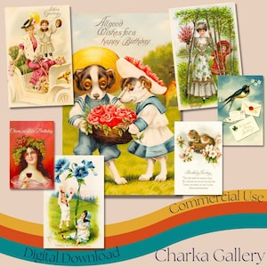 Vintage Geburtstags Postkarten Bundle-1, Digitale Grußkarten Collage Sheets, Vintage Ephemera, Junk Journal Karten, Kommerzielle Nutzung