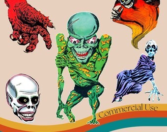 132 Vintage Horror Comic Illustrations • 8 Printable Collage Sheets • Transparent PNG & JPG • Retro Halloween Clipart • Classic Monsters
