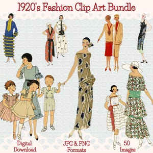 Très Parisien Fashion Clip Art Bundle-7, 50 Vintage French Fashion Drawings, Art Deco Women’s Clothing Illustrations, Commercial Use