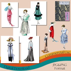 La mode féminine de 1900 à 1920, illustrations de mode française vintage, histoire des costumes français, formats JPG et PNG, usage commercial