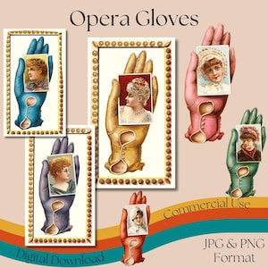 Opera Glove Series Trade Cards, druckbare Vintage illustrierte Karten, JPG & PNG-Formate, Vintage Ephemera, kommerzielle Nutzung