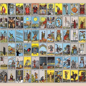 May include: A full deck of 78 tarot cards with colorful illustrations and text. The cards are arranged in rows and columns, showing all the major and minor arcana cards. The cards are on a light brown background.