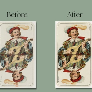 May include: A vintage playing card featuring a man in a red and white hat playing a lute. The card is from a French deck and has the word "France" printed on it.