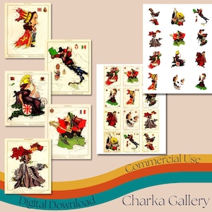 Puede incluir: Un conjunto de 10 ilustraciones vintage de países europeos, cada una representando un país personificado como una caricatura. Las ilustraciones son de estilo de dibujos animados y presentan colores brillantes. Los países representados son Inglaterra, Gales, Escocia, Irlanda, Francia, Alemania, Italia, España, Portugal y Rusia.