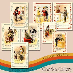 Druckbare spanische humorvolle Illustrationen, Vintage Ephemera Collage Sheet, Aufkleber aus Spanien Kultur, Vintage Postkarte, kommerzielle Nutzung