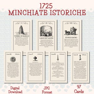 Puede incluir: Una colección de 97 cartas históricas Minchiate de 1725, con ilustraciones y texto. Las cartas están dispuestas en filas, con títulos como "Torre di Babele" y "Lago de' Leoni". La imagen también incluye el texto "Digital Download" y "JPG Format".