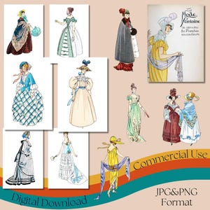 La Mode Feminine de 1795 a 1900, Ilustrações de moda francesa vintage, História do traje francês, Formatos JPG e PNG, Uso comercial