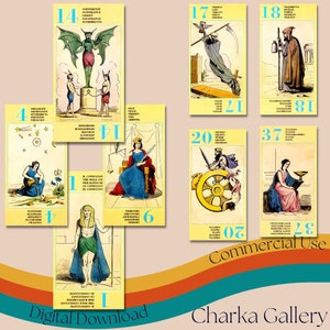 Afdrukbare Etteilla esoterische tarotdek, vintage waarzeggerijkaarten hoge resolutie complete set, instant digitale download, commercieel gebruik