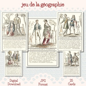 25 Card Geography Game, Playing Cards with Colorful Costumes, Vintage French Playing Card Deck, Antique Educational Game, Commercial Use