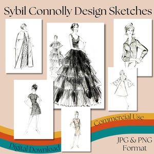 100 vintage Sybil Connolly kostuumontwerpschetsen, modetekeningen, jpg- en png-indelingen, modeontwerpprint, mode-clipart, commercieel gebruik