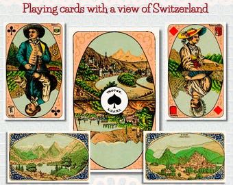 Antique Swiss Souvenir Playing Cards 1890 • C.L. Wüst Scenic Deck • 52 Printable Art Prints • Switzerland Travel Ephemera • Alpine Wall Art