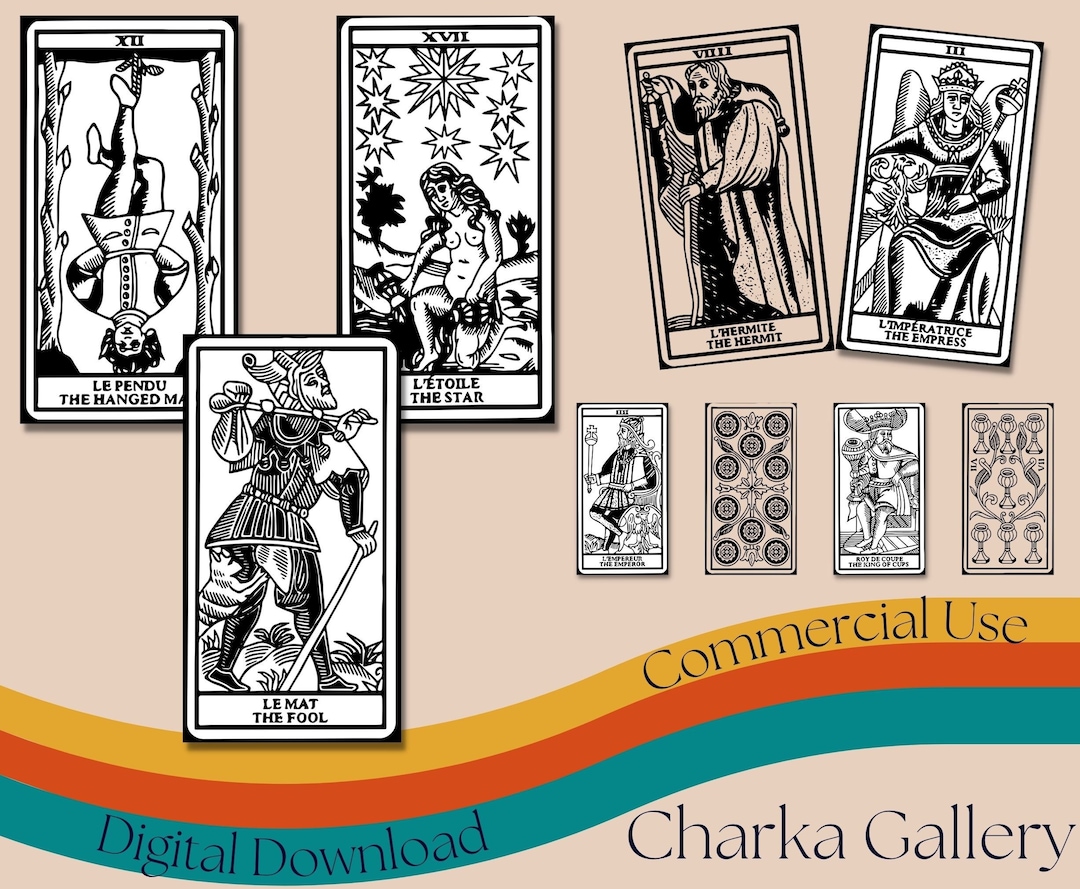 Printable "tarot of Marseilles" Black and White Tarot Card Deck, JPG ...