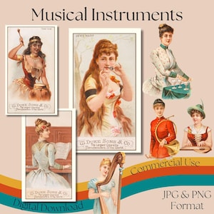 Vintage Musikinstrumente Handelskarten, druckbare illustrierte Zigarettenkarten, JPG- und PNG-Formate, Karten für Sammler, kommerzielle Nutzung