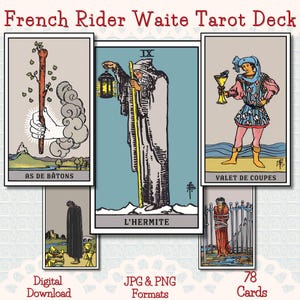 Peut inclure: Un jeu de tarot Rider Waite français avec cinq cartes illustrées. Les cartes présentent des dessins détaillés avec du texte en français. Le jeu comprend des cartes intitulées "AS DE BATONS", "L'HERMITE" et "VALET DE COUPES". Le jeu est disponible aux formats JPG et PNG et contient 78 cartes.