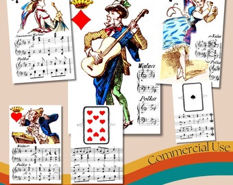 Naipes musicales antiguos de 1899 • Baraja de Maximilian Frommann • 32 naipes imprimibles • Partituras musicales antiguas efímeras • Láminas artísticas musicales