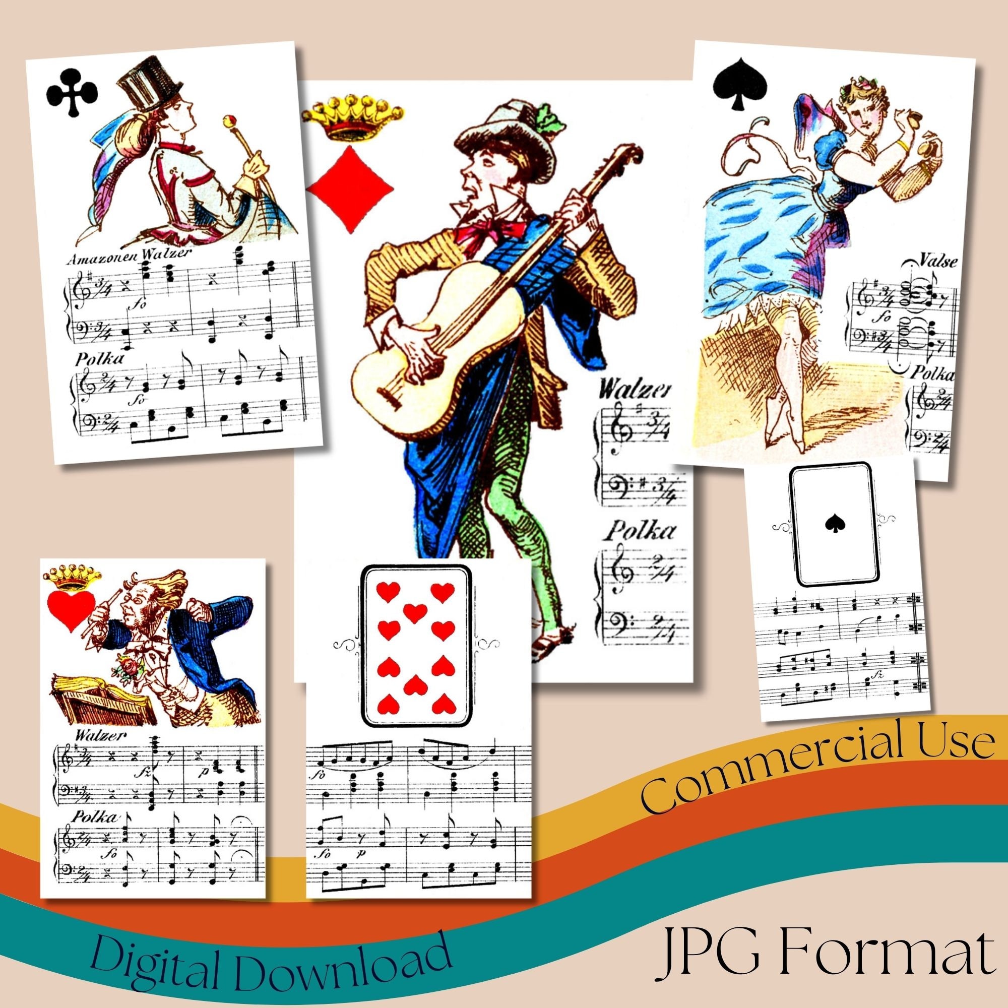 Antique German Musical Playing Cards, Vintage Illustration