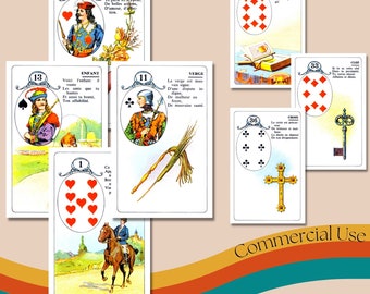 Printable Carta Mundi Jeu Lenormand Full Deck, Vintage Fortune Telling Cards Collage Sheet, Divination Cards, Commercial Use