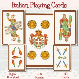 May include: Set of Italian playing cards featuring colorful illustrations. The cards display figures on horseback, kings, and suits of swords and flowers. The text "Italian Playing Cards" is at the top, with "Digital Download", "JPG Format", and "40 Cards" at the bottom.
