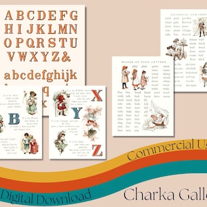 Ilustraciones imprimibles de "Juega y aprende libro ABC", alfabeto vintage, hojas de collage efímeras, letras antiguas, uso comercial