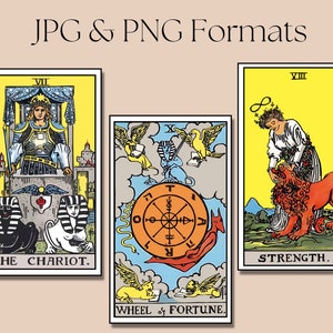 May include: Three tarot cards, The Chariot, Wheel of Fortune, and Strength, with yellow backgrounds and black outlines. The Chariot card features a man in armor riding a chariot pulled by two sphinxes. The Wheel of Fortune card features a wheel with a red background and a winged creature on each side. The Strength card features a woman with a crown of flowers, holding a lion's mouth open.