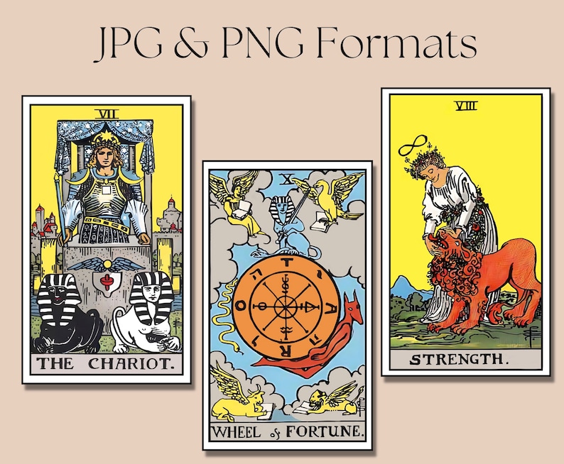 May include: Three tarot cards, The Chariot, Wheel of Fortune, and Strength, with yellow backgrounds and black outlines. The Chariot card features a man in armor riding a chariot pulled by two sphinxes. The Wheel of Fortune card features a wheel with a red background and a winged creature on each side. The Strength card features a woman with a crown of flowers, holding a lion's mouth open.