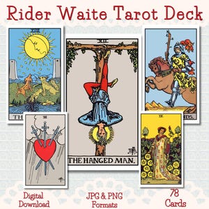 May include: Rider Waite Tarot Deck featuring several tarot cards with colorful illustrations. The cards include The Sun, The Hanged Man, and a knight on horseback. The deck includes 78 cards and is available as a digital download.