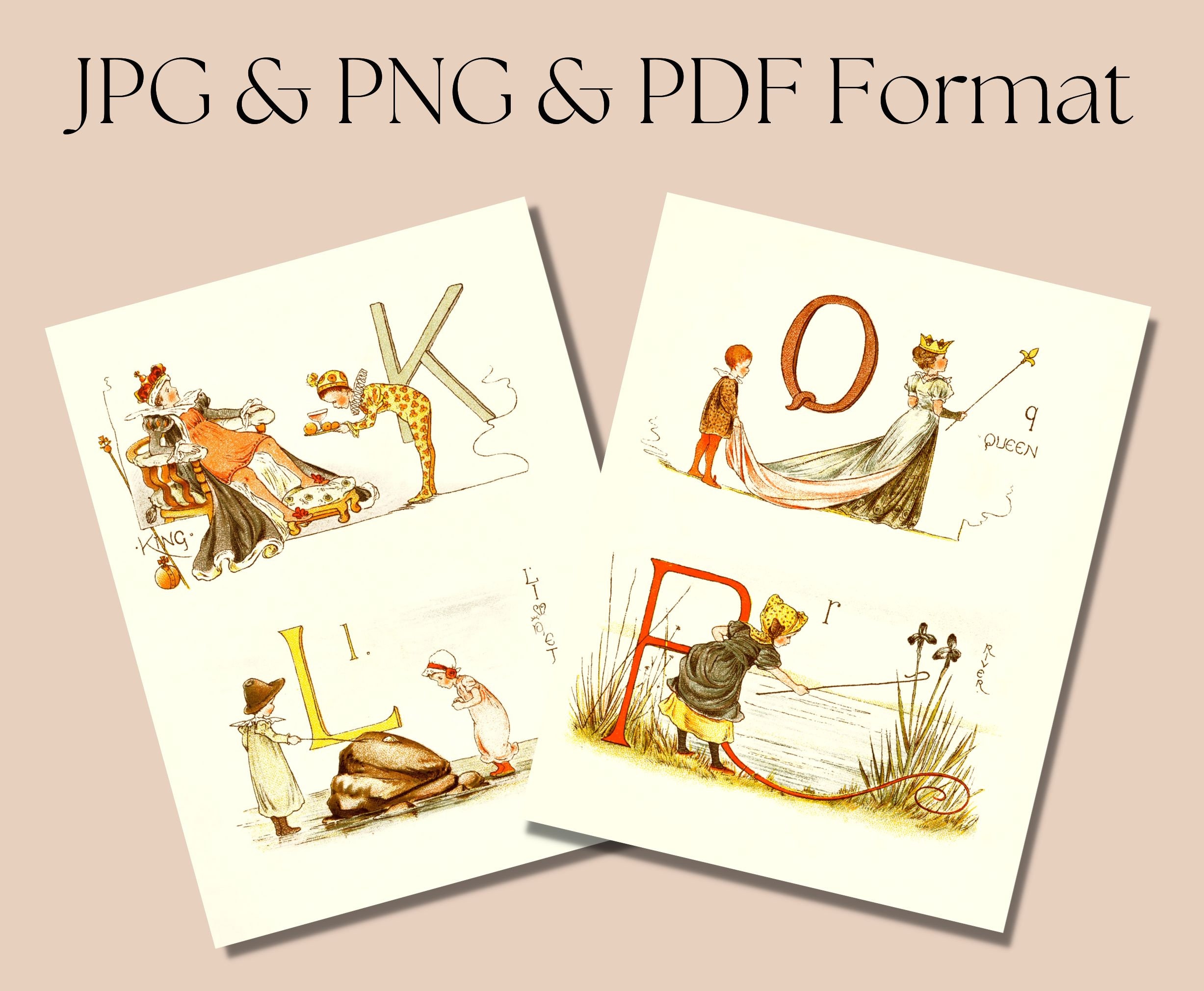 Printable Vintage Alphabet Pages, Alphabet Flashcard Digital Download