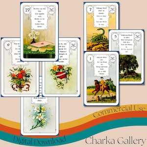 Cartes imprimables Lenormand Fortune Telling, feuille de collage de cartes de divination allemandes vintage, éphémères, journalisation indésirable, utilisation commerciale